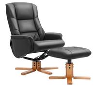 HOMCOM Fauteuil de relaxation avec tabouret, fauteuil TV avec fonction allongée, fonction bascule, fauteuil TV avec dossier haut, pieds en bois, pour salon, chambre à coucher, cuir synthétique, noir