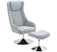 HOMCOM Fauteuil de relaxation avec tabouret, pivotant à 360°, avec dossier haut, fauteuil TV avec aspect velours, appuie-tête, base en métal, fauteuil rembourré pour salon, gris
