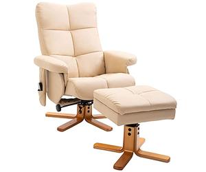 HOMCOM Fauteuil de Relaxation massant avec Pouf, Fauteuil Relax Salon pivotant à 360°, Dossier inclinable, télécommande, Poche latérale, Rangement caché, revêtement PU, Chaise TV pour Salon, crème