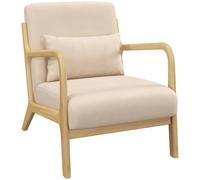 HomCom Fauteuil lounge de salon – Cadre bois massif, assise profonde, accoudoirs, 3 coussins – Beige