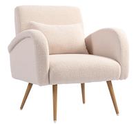HOMCOM Fauteuil de salon en tissu Teddy, chaise rembourrée, assise large, coussin lombaire, pieds en métal effet bois, beige