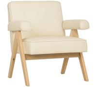 HOMCOM Fauteuil de salon nordique tapissé en PU avec accoudoirs et cadre en bois de caoutchouc pour chambre à coucher Charge 120 kg Crème