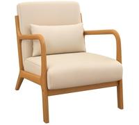 HOMCOM Fauteuil lounge - 3 coussins inclus - assise profonde - accoudoirs - structure bois hévéa - aspect velours beige