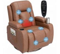HOMCOM Fauteuil Inclinable de Massage et Chauffage 85x94x104cm Marron Clair | Fauteuil de Relaxation en PU, Dossier Réglable, Pivotant 360°, Repose-Pied, Poche Latérale, Porte-Gobelets, Télécommande