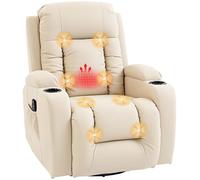 HOMCOM Fauteuil Inclinable de Massage et Chauffage, Fauteuil de Relaxation en PU, Dossier Réglable, Pivotant 360°, Repose-Pied, Poche Latérale, Porte-Gobelets, Télécommande, pour Salon, Crème