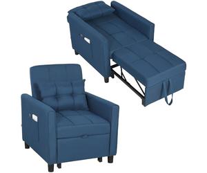 HOMCOM Fauteuil lit simple 3 en 1 avec dossier inclinable sur 3 niveaux, 2 roues, coussin, canapé lit simple pliable en tissu effet lin et bois, 69 x 82 x 85 cm, bleu