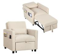 HOMCOM Fauteuil lit simple 3 en 1 pliable, dossier réglable 3 positions, 2 coussins, canapé-lit amovible gain de place, en tissu effet lin et bois, avec roues, poches, 78 x 94,5 x 83 cm, crème