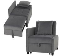 HOMCOM Fauteuil lit simple 4 en 1 amovible matelassé, inclinable 3 positions, coussin déhoussable, canapé-lit rembourré transformable en velours avec roues, poches, 73 x 90 x 83 cm, gris foncé