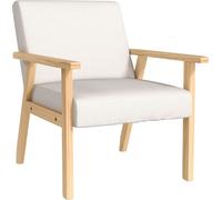 HOMCOM Fauteuil lounge avec accoudoirs, chaise de salle à manger, fauteuil relax aspect lin, fauteuil rembourré pour salon, chambre à coucher, cadre en bois massif, 64 x 70 x 72 cm, blanc crème