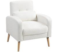 HOMCOM Fauteuil lounge avec coussin lombaire - Fauteuil rembourré avec pieds en bois - Tissu polaire - Fauteuil de relaxation - Fauteuil simple pour salon, chambre à coucher - Blanc
