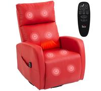 HOMCOM Fauteuil massant inclinable manuel 155° chauffant, 8 points de massage, fauteuil relax pivotant en cuir PU avec fonction bascule, repose-pieds, télécommande, poches latérales, rouge