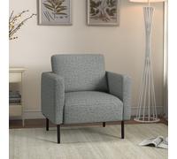 Fauteuil style contemporain grand confort piètement métal noir tissu toucher lin gris chiné