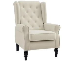 HOMCOM Fauteuil Relax à Oreilles d'Accentuation Individuel avec Pieds en Bois Tuftés - Polyester Blanc Crème - 74 x 86 x 102 cm