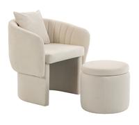 HOMCOM Fauteuil relax avec pouf, fauteuil lounge avec dossier incurvé, accoudoirs, rembourré en chenille style nordique, beige