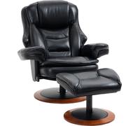 HOMCOM Fauteuil relax avec pouf Fauteuil TV avec fonction chaise longue, fauteuil TV pivotant avec socle en bois, chaise longue pouvant supporter jusqu'à 150 kg pour le salon, similicuir, noir