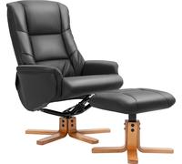 HOMCOM Fauteuil relax avec pouf, fauteuil TV avec fonction chaise longue, fonction bascule, fauteuil TV avec dossier haut, pieds en bois pour salon, chambre à coucher, similicuir, noir