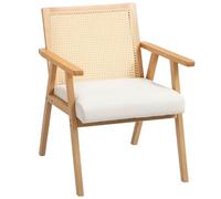HOMCOM Fauteuil Relax pour Salon Chambre Confortable, Chaise cannage avec Dossier en rotin et Coussin rembourré et accoudoirs, Bois Naturel