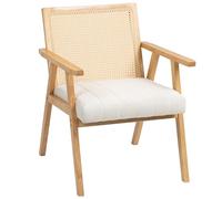 HOMCOM Fauteuil Relax pour Salon Chambre Confortable, Chaise cannage avec Dossier en rotin et Coussin rembourré et accoudoirs, Bois Naturel
