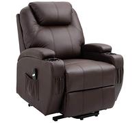 HOMCOM Fauteuil releveur, fauteuil relax inclinable, fauteuil releveur avec porte-gobelet, fauteuil TV avec sac de rangement, télécommande, similicuir métal, café-marron