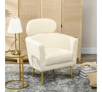HOMCOM Fauteuil salon avec appuie-tête amovible, fauteuil crapaud en peluche teddy, pieds en métal, 71 x 65 x 90 cm, crème