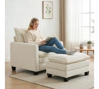 HOMCOM Fauteuil Salon avec Repose-Pied Canapé 1 Place en Chenille Crème | Assise Large, Rembourrage Double Couche, Coussin à Ressorts, Oreiller, Fauteuil de Lecture Moderne pour Chambre, Appartement