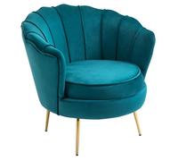 Fauteuil Design Coquillage Pieds Dorés Effilés Velours Bleu Canard Bleu