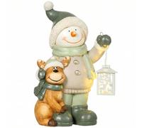 HOMCOM Figurine Bonhomme de Neige 43 cm avec Lanterne LED, Statue de Noël en oxyde de magnésium, lumière Blanc Chaud, minuterie, à Piles, pour entrée et Porche Couvert