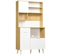 HOMCOM Garde-Manger de Cuisine avec armoires 93x40x180 cm Blanc & Bois | Panneau de particules et bois de pin, tiroirs, étagères réglables, tringle de suspension.