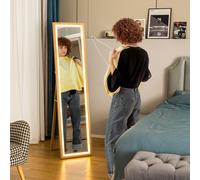 HOMCOM Grand miroir pleine longueur, miroir mural ou sur pied rectangulaire, 40 x 160 cm avec éclairage LED 3 couleurs, chêne