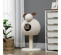 HOMCOM Griffoir pour chat, Design mouton avec cabane pour chat et poteau à griffer, coussin lavable, Blanc crème + Marron
