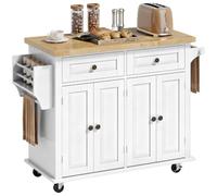 HOMCOM Îlot Central Cuisine avec Plateau en Hévéa, 2 Tiroirs, Blanc | Desserte de Cuisine sur Roulettes avec Étagères Réglables, Porte-Serviettes et Porte-Épices, Style Moderne, 111x44,5x82,5cm