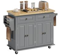 HOMCOM Îlot Central Cuisine avec Plateau en Hévéa, 2 Tiroirs, Gris | Desserte de Cuisine sur Roulettes avec Étagères Réglables, Porte-Serviettes et Porte-Épices, Style Moderne, 111x44,5x82,5cm