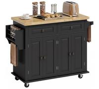 HOMCOM Îlot Central Cuisine avec Plateau en Hévéa, 2 Tiroirs, Noir | Desserte de Cuisine sur Roulettes avec Étagères Réglables, Porte-Serviettes et Porte-Épices, Style Moderne, 111x44,5x82,5cm
