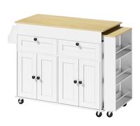HOMCOM îlot central cuisine avec plateau extensible, desserte de cuisine sur roulettes avec 2 tiroirs, 4 portes, blanc