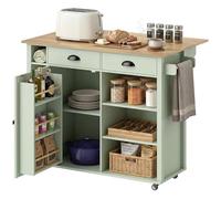 HOMCOM Îlot Central Cuisine avec Plateau Pliant, Desserte de Cuisine sur roulettes avec Placard, 2 Tiroirs, Porte-Serviettes, Étagère Réglable, Compartimentss Ouverts, 117,5 x 70 x 91 cm, Vert Clair