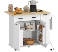 HomCom – Îlot cuisine mobile – prise électrique + USB, tablette abattante, étagère réglable – blanc