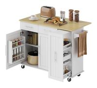 Îlot central cuisine - HOMCOM - plateau rabattable, roulettes, 2 tiroirs, portes à fermeture douce - bois - 129 x 65 x 91 cm - blanc
