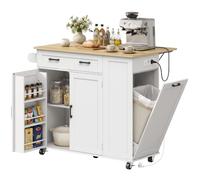 HOMCOM Îlot cuisine à roulettes, prises intégrées, plateau rabattable | Chariot de cuisine mobile avec placard poubelle dissimulé, étagère réglable, porte-épices et porte-serviettes, blanc