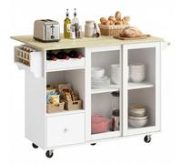 HOMCOM Îlot Cuisine Rabattable, Porte-Bouteilles, Blanc & chêne