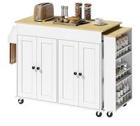 HOMCOM Îlot de Cuisine à roulettes, Plan de Travail Extensible, desserte de Cuisine à 4 Portes, étagères réglables, étagère latérale Ouverte, étagère à épices et Porte-Serviettes, pour Salle à