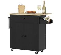 HOMCOM Îlot de cuisine avec aile rabattable, meuble d'appoint sur roulettes, 2 portes, tiroir, porte-serviettes et étagère ajustable, 106 x 42 x 87 cm, noir et chêne