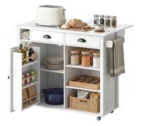 HOMCOM Îlot de cuisine avec plateau pliable et roulettes, meuble auxiliaire de cuisine avec étagère à épices, porte-serviettes, armoire, 2 tiroirs, étagères ouvertes, 117,5 x 70 x 91 cm, blanc