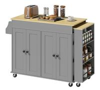HOMCOM Îlot de cuisine avec roulettes, plan de travail extensible, chariot de cuisine avec 4 portes, étagères réglables, étagère latérale ouverte, étagère à épices et support pour serviettes, pour