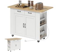 HOMCOM Îlot de Cuisine avec Station de Charge, Chariot de Cuisine à roulettes avec Plan de Travail Rabattable, Racks à Épices, 2 Tiroirs et Étagère Réglable, pour Cuisine et Salle à Manger, Blanc