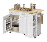 HOMCOM Ilot de cuisine Chariot de cuisine avec plan de travail extensible, roulettes, 2 tiroirs Armoire de cuisine avec 2 portes Soft-Close, tiroir extensible à 3 niveaux, porte-serviettes Chariot de