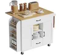 HOMCOM Ilot de cuisine Chariot de cuisine sur roulettes avec 2 tiroirs, 2 portes Soft-Close, plan de travail rabattable, chariot de service avec étagère à épices, porte-serviettes, étagères réglables