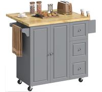 HOMCOM Îlot de Cuisine sur roulettes, Chariot de Rangement de Cuisine à roulettes avec Plateau Rabattable, Plateau en Bois d'hévéa, tiroirs, étagère réglable, Porte-Serviettes et étagère à épices