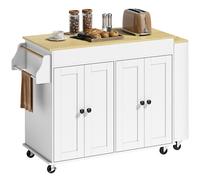 HOMCOM Îlot de cuisine sur roulettes plan de travail extensible 4 portes étagères réglables range-épices et porte-serviettes blanc