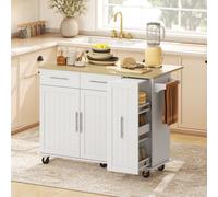 HOMCOM Îlot de Cuisine sur Roulettes Plan Rabattable 2 Portes à Fermeture Douce Plateau Extractible 2 Tiroirs Blanc