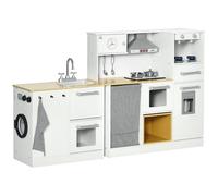 HOMCOM Jouet Cuisine en Bois pour Enfants +3 Ans Jouet Cuisine avec lumière Sons Tabouret Cafetière Machine à Glace Machine à Laver Four Réfrigérateur Evier 78,5x29x81 cm Blanc